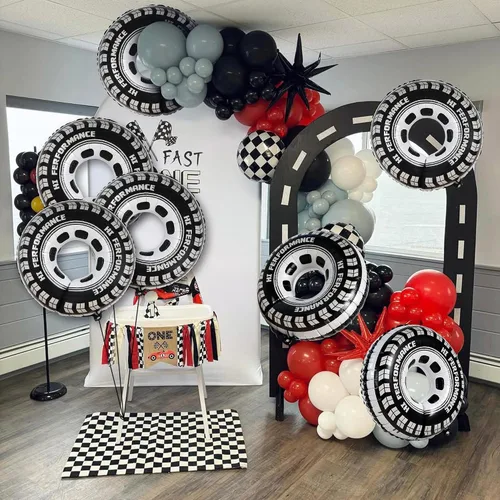 Vista 3 de 6 globos de aluminio para neumáticos de auto de carreras, globos reutilizables de 30 pulgadas con cinta, puntos de pegamento y pajilla, decoraciones