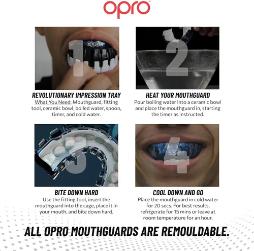 Vista 5 de OPRO Protector bucal instantáneo de ajuste personalizado, comodidad, protección y ajuste a nivel de dentista - Protector bucal moldeable para fútbol