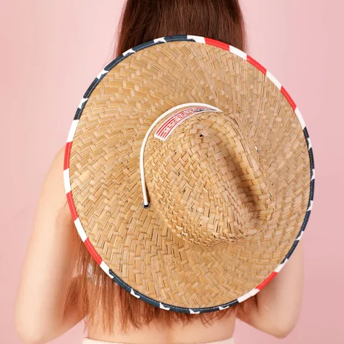 Vista 5 de Sombrero de paja con estampado de tela para hombres y mujeres, sombrero de salvavidas, playa, natación, crucero, tabla de remo, barco, pesca, se