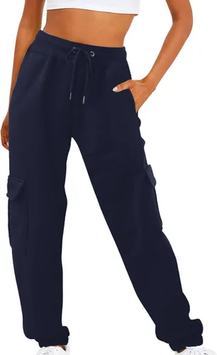 Vista 2 de Pantalones deportivos de forro polar para mujer, holgados, casuales, de cintura alta, para entrenamiento, atléticos, con parte inferior de cincha