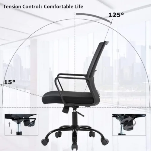 Vista 4 de Silla de oficina ergonómica, silla de computadora de malla con soporte lumbar y reposabrazos, silla de trabajo ajustable con respaldo medio, moderna