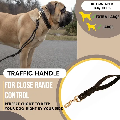 Vista 2 de ADITYNA - Correa de perro de cuero de doble asa de 6 pies - Correa trenzada resistente para perro con asa de tráfico para mastín, Saint-Bernard