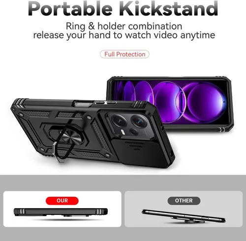 Vista 4 de Funda para Redmi Note 12 5G, Poco X5 5G 22111317PG Funda con protector de pantalla de vidrio templado y cubierta de cámara deslizante, soporte