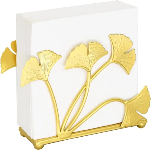 Vista 6 de Owlgift Servilletero moderno de hoja de ginkgo dorado pintado – Servilletero de papel decorativo de hierro de primera calidad de 6.7 pulgadas