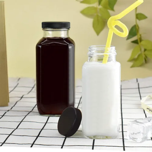 Vista 7 de Botellas para beber bebidas de 12 onzas, botella de agua de vidrio con tapas, octogonal vintage de 11.8 fl oz, botellas de jugo para almacenamiento