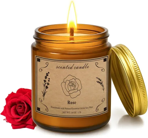 Vista 10 de Velas perfumadas, vela de cera de soja de tarro grande de 16 oz – Ámbar y sándalo con mezcla premium de cera vegetal para una combustión constante