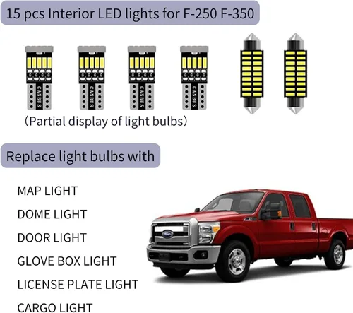 Vista 5 de Kit de luces LED interiores F250 F350 de 15 piezas para Ford F-250 F-350 1999-2016 Super Duty Blanco 6000K Paquete de iluminación LED