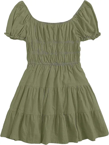 Vista 2 de SheIn - Vestido corto de manga corta con fruncido acampanado vestido con volantes vestidos cortos con cuello cuadrado y cinta para anudar