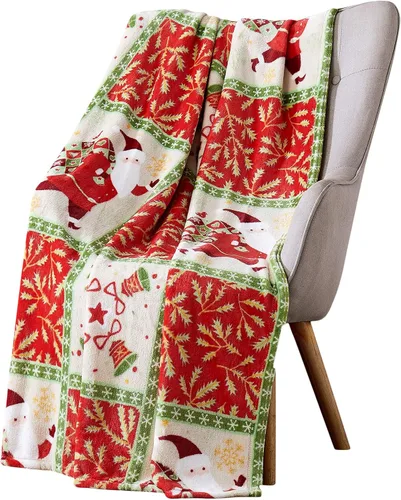 Vista 26 de Manta de Forro Polar para las Fiestas Navideñas: Corona Tradicional de Decoración del Hogar con Saludos Cheers Merry Peace Joy sobre Fondo Beige