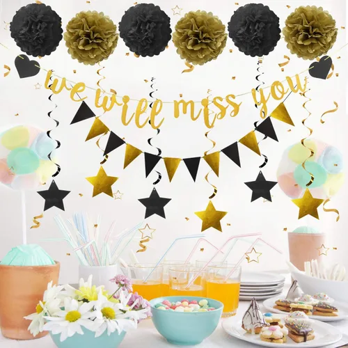 Vista 7 de Kit de suministros de decoración de fiesta de despedida – 14 piezas – Bandera de Te Extrañaremos, Bandera triangular, 6 espirales de estrella, 6
