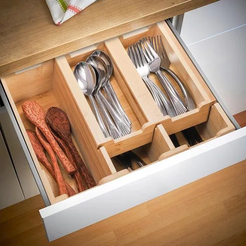 Vista 5 de Organizador de Cajones de Cocina de Bambú Okllen, Organizador de Utensilios Apilable de 2 Niveles, Organizador de Cubiertos para Almacenamiento