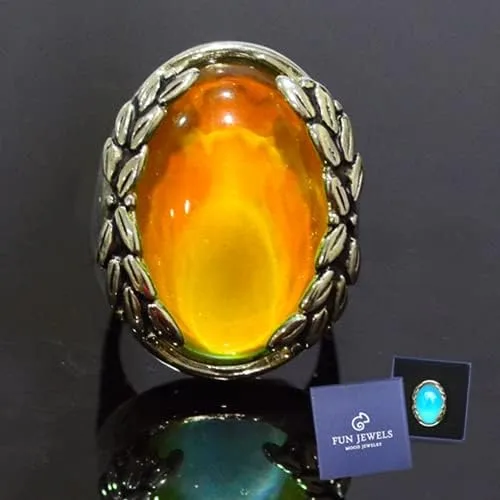 Vista 5 de Anillo de estado de ánimo ovalado de hoja de piedra con cambio de color plateado antiguo, tamaño 6-10 para mujer
