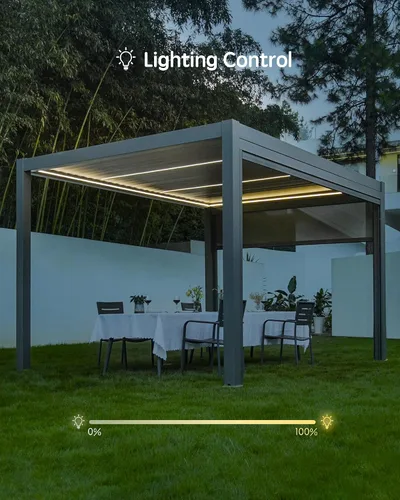Vista 5 de Yoolax - Pérgola con listones motorizada solar de 10x13 pies con control remoto, pérgola eléctrica de aluminio retráctil con luz LED, sensor