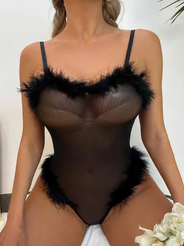 Vista 6 de WDIRARA Body de lencería sexy para mujer con ribete de piel transparente