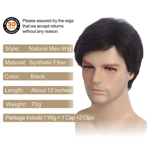 Vista 2 de H&B - Pelucas cortas negras para hombre, pelucas onduladas para hombres, peluca de cabello sintético natural para hombres, hombres, cosplay, fiesta