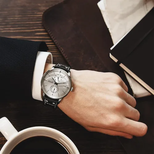 Vista 4 de FEICE Reloj mecánico automático para hombre, de acero inoxidable, correa de cuero, analógico, curvado, acabado cepillado, estilo casual