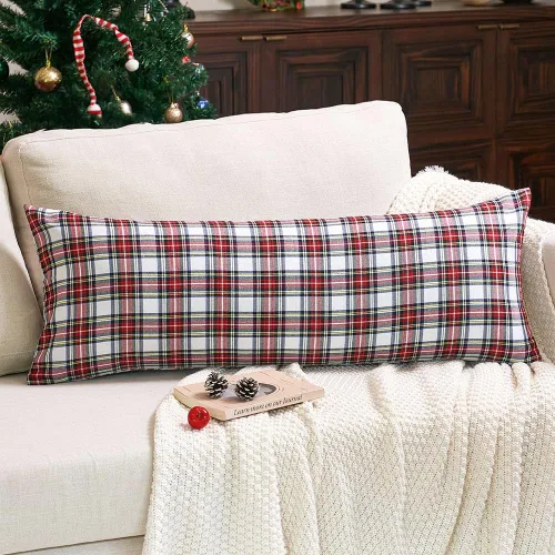 Vista 17 de Juego de 2 fundas de almohada lumbar de Navidad para exteriores de tartán Tartán lumbar marrón