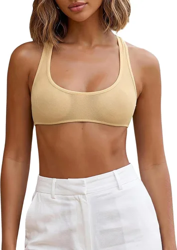 Vista 16 de RoseSeek Brasier deportivo de malla transparente para mujer, sin mangas, con espalda cruzada Negro