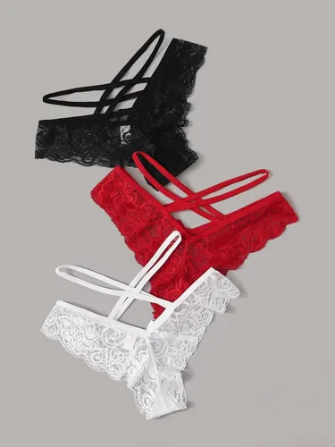 Vista 2 de WDIRARA Conjunto de 3 bragas de encaje floral con tirantes cruzados para mujer