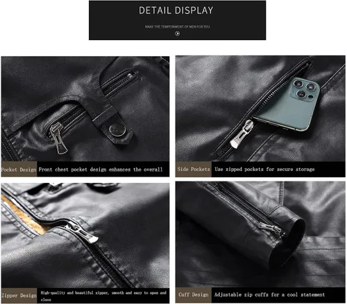 Vista 8 de Chaqueta de cuero a la moda para hombre Can-am, chaqueta de motocicleta gruesa con forro polar cálido, abrigo bombardero de invierno con bolsillos