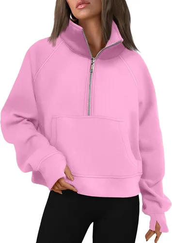 Vista 15 de AUTOMET Sudaderas con media cremallera para mujer, sudadera corta de vellón con cremallera de un cuarto, sudaderas con capucha para el otoño, a
