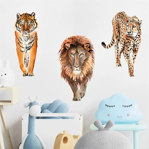 Vista 4 de Calcomanías de pared con diseño de tigre león y leopardo, calcomanías de pared extraíbles de vinilo extraíble para sala de estar, dormitorio