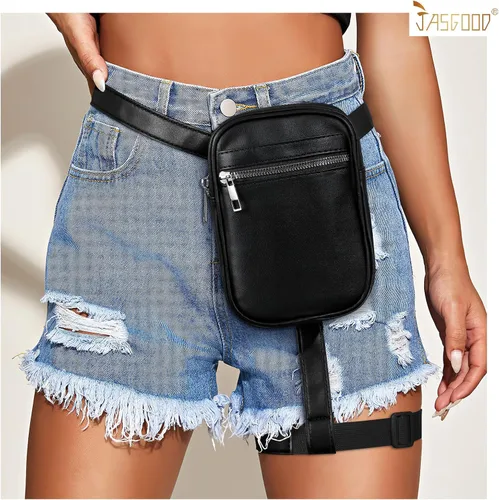 Vista 9 de JASGOOD Riñonera de moda para mujer, arnés de muslo, bolsa de pierna caída, Negro (G-Black), Moda