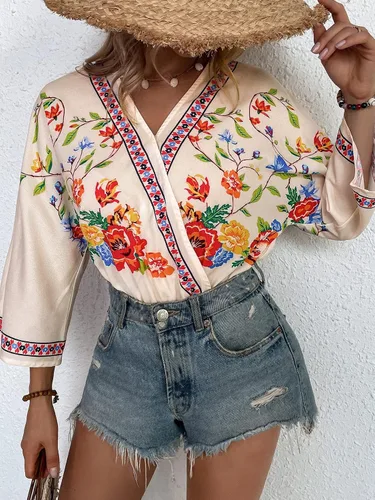 Vista 4 de OYOANGLE Body de manga 34 con estampado floral para mujer, estilo bohemio, cuello en V
