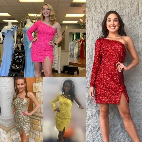 Vista 5 de Stylefun Vestido corto brillante de una sola manga con lentejuelas para adolescentes, vestido de cóctel de graduación CYM083