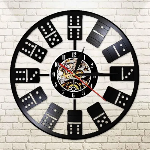 Vista 3 de Reloj de pared de 11.8 in, diseño de dominó chino y números, disco de vinilo, rectangular, decoración de dominó para sala de juegos, Pai Gow, juego