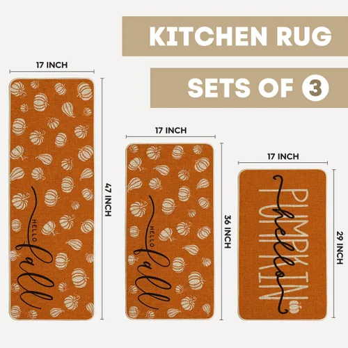 Vista 3 de Artoid Mode Juego de 3 tapetes de cocina naranja con texto en inglés "Hello Pumpkin", decoración otoñal para el hogar, alfombras de cocina de bajo