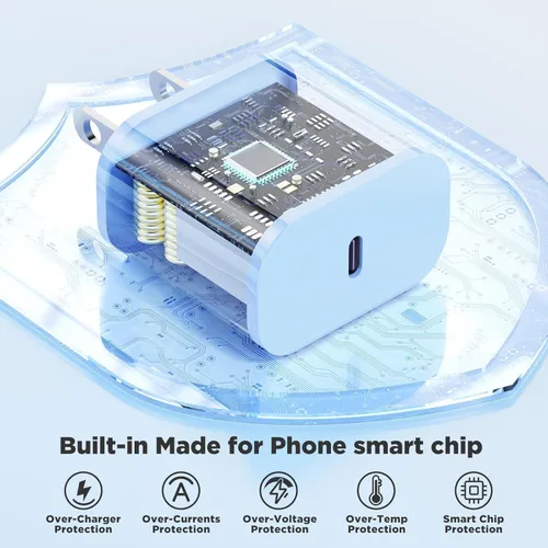 Vista 3 de Carga rápida USB C de 20 W para iPhone 17 Air/16/15 Pro Max, paquete de 3 bloques de carga coloridos mezclados con cables USB C a C largos trenzados