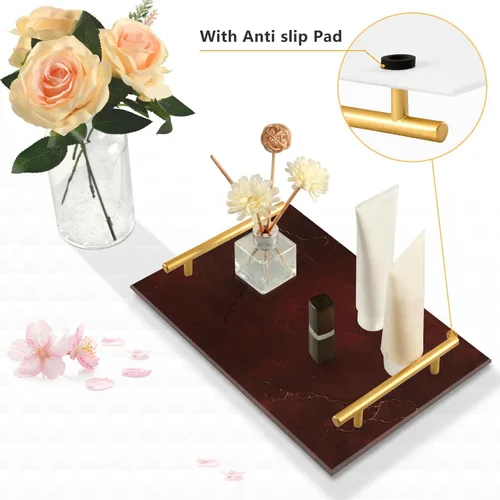 Vista 4 de Bandeja decorativa decorativa con textura de mármol de lujo de oro rojo con asas bandejas para sala de estar para joyería perfume para cocina