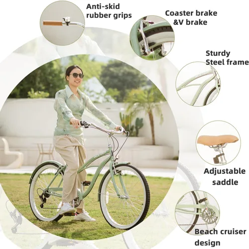 Vista 4 de ACEGER Bicicleta de confort para mujer, de 24 y 26 pulgadas, velocidad única y 7 velocidades, bicicleta de ciudad para adultos, marco de acero