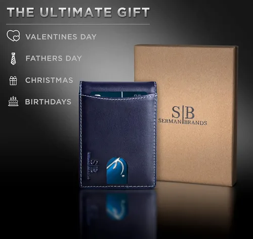 Vista 6 de SERMAN BRANDS RFID Blocking Slim Bifold Genuine Leather Minimalist Front Pocket Wallets for Men with Money Clip Thin Gift Azul Atlántico 1.S