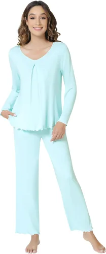 Vista 14 de NACHILA Women's Pajamas Set-Viscose Made from Bamboo, Long Sleeve Sleepwear Top with Pants Comfy Pajama Soft 2 Piece Pjs B-aqua Green