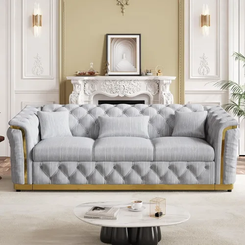 Vista 28 de Sofá Chesterfield de terciopelo de 62.5 pulgadas con respaldo copetudo y detalles dorados, beige Blanco