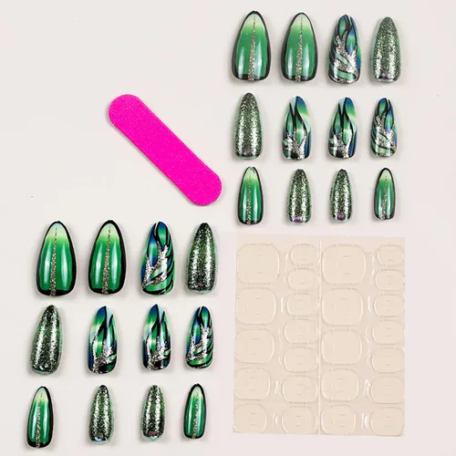 Vista 4 de Uñas acrílicas artificiales de punta francesa verde – Forma de almendra de longitud media con diseño de diamantes de imitación 3D de lámina dorada