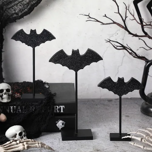 Vista 2 de 3 piezas de decoración de mesa de pie de Halloween, bandeja escalonada de madera, decoración de mesa de murciélagos dulces, maíz, centro de mesa