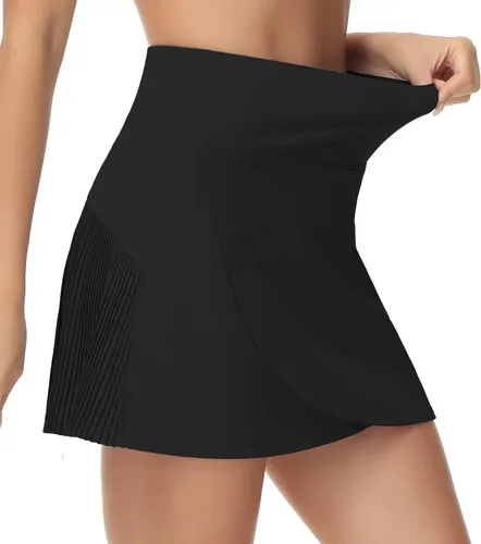 Vista 3 de THE GYM PEOPLE Faldas de tenis de cintura alta para mujer, con dobladillo cruzado en la espalda, plisadas con pantalones cortos interiores