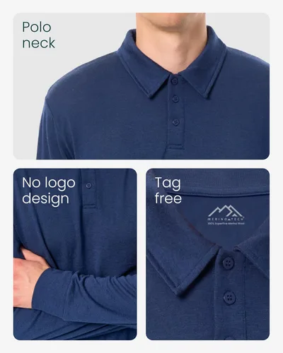 Vista 7 de 100% Merino Wool Polo Shirt Men - Short & Long Sleeve Shirt Base Later Largo negro