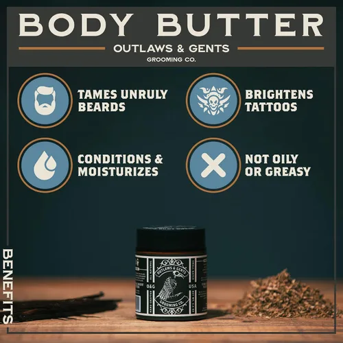 Vista 4 de Outlaws and Gents Grooming Co. Mantequilla para barba y cuerpo – Humectante natural con aroma a vainilla de tabaco para hombres – Hidrata