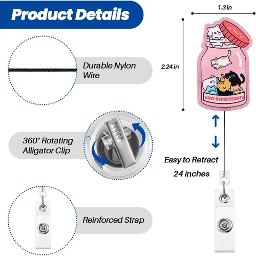 Vista 2 de 2Pcs Funny Cat Nurse Badge Reel Anti Depressants, Cute Pink Retractable ID Card Badge Holder with Alligator Clip, Name Tag Medical Badge Buddy for