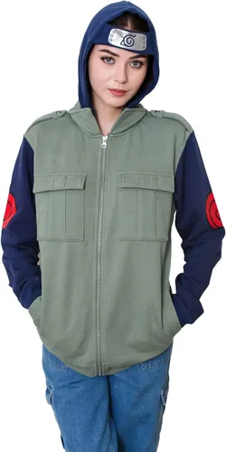 Vista 8 de Ripple Junction Naruto Shippuden Kakashi Hatake Cosplay Military-Style Sudadera con capucha para hombre con diadema