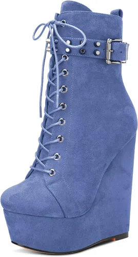 Vista 14 de HDEUOLM Botas de tobillo con tacón de plataforma de cuña alta para mujer, botines cortos con cordones y cremallera Negro