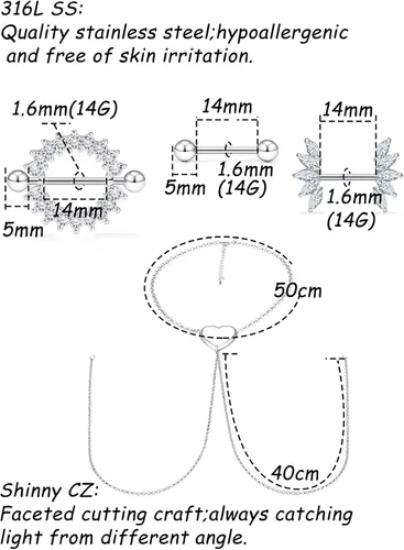 Vista 2 de Vqoxaggi - Piercing para pezón de acero quirúrgico de 14 G para mujer, con gargantilla, collar de corazón, pezón, barra de piercing para pezón