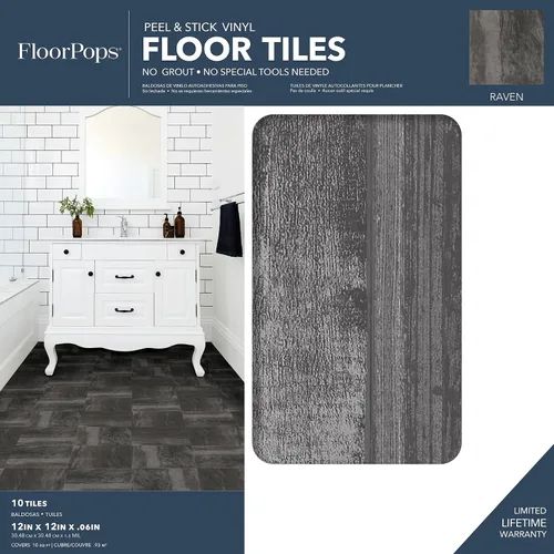 Vista 2 de FloorPops FP3328 - Azulejos para el suelo Raven adhesivos, color negro, 30 cm x 30 cm