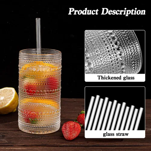 Vista 4 de Juego de 15 vasos de hobnail de 16 onzas / 16.2 fl oz vintage con pajitas, tazas gruesas en relieve para agua, café helado, jugo, cócteles, cocina