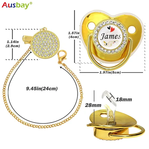 Vista 2 de Juego de chupete personalizado y clip para chupete con nombre, chupete personalizado, nombre y cadena personalizados, juguetes mordedores de Dorado