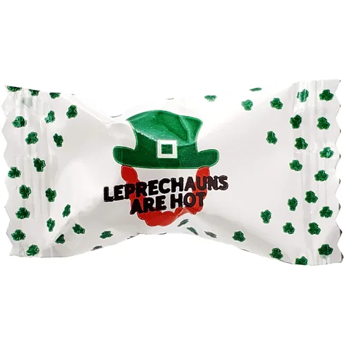 Vista 4 de Caramelos de menta irlandesa de San Patricio, paquete de 55 mentas después de la cena, caramelo de mantequilla y menta, diseño de leprauchan verde